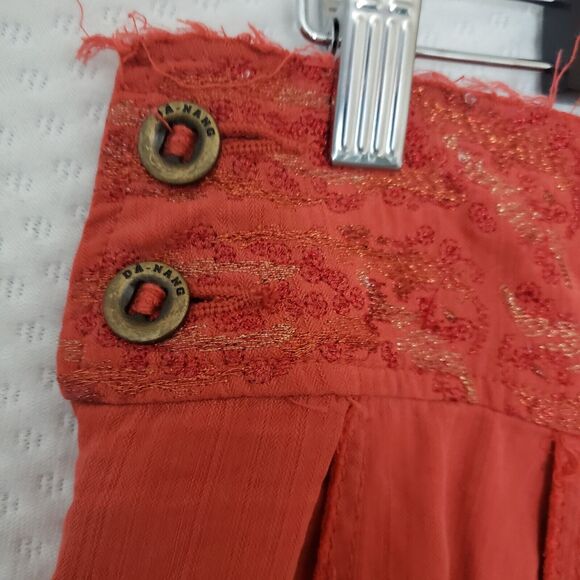 Vintage Da Nang Pleated Skirt Red Orange Grunge Skater‎ Size L Boho Raw Edges - Picture 3 of 8